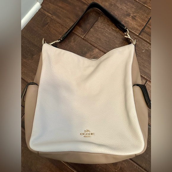 Coach Handbags - Coach White/Tan Leather Hobo Bag, zippered with small buckles on the side
